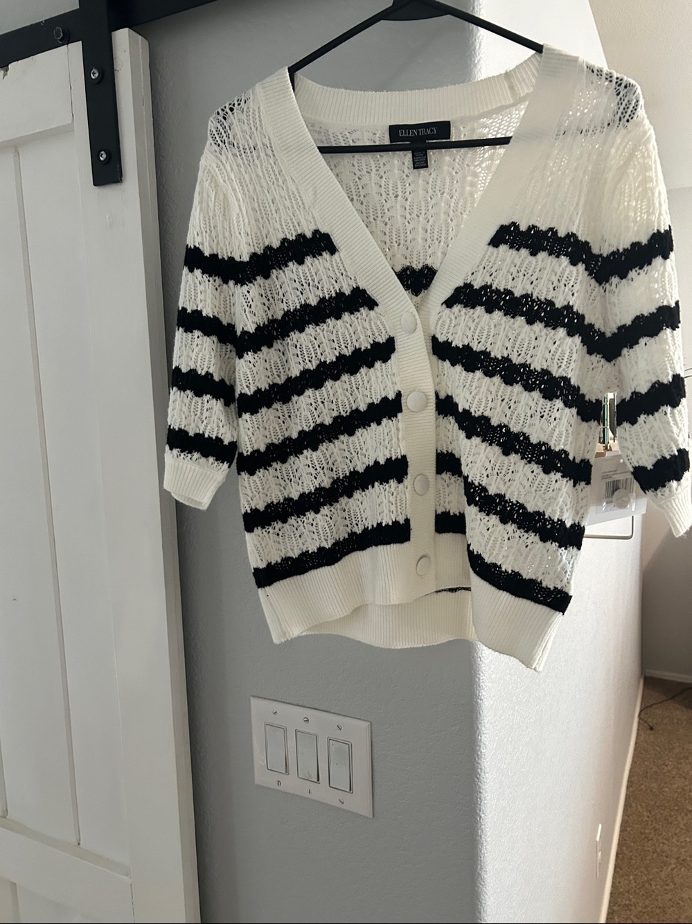 NWT !Ellen Tracy Black and Cream Striped Short Sleeve Knit Cardigan